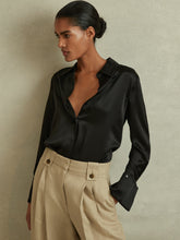 Women - Petite Silk Double-Cuff Button-Through Shirt in Black | Reiss