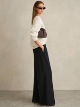 Women - Petite Wide-Leg Elasticated-Waist Trousers in Navy | Reiss