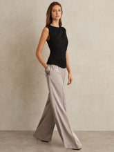 Women - Petite Satin Wide Leg Elastic Waist Trousers in Grey | Reiss