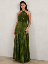 Women - Halston Metallic Pleated Maxi Dress in Dark Olive Green | Reiss