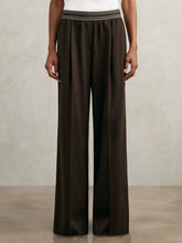 Women - Petite Wide-Leg Contrast-Waistband Trousers in Chocolate Brown | Reiss