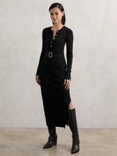 Women - Buttoned Rib-Knit Midi Dress in Black | Reiss