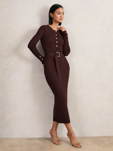 Women - Buttoned Rib-Knit Midi Dress in Burgundy | Reiss