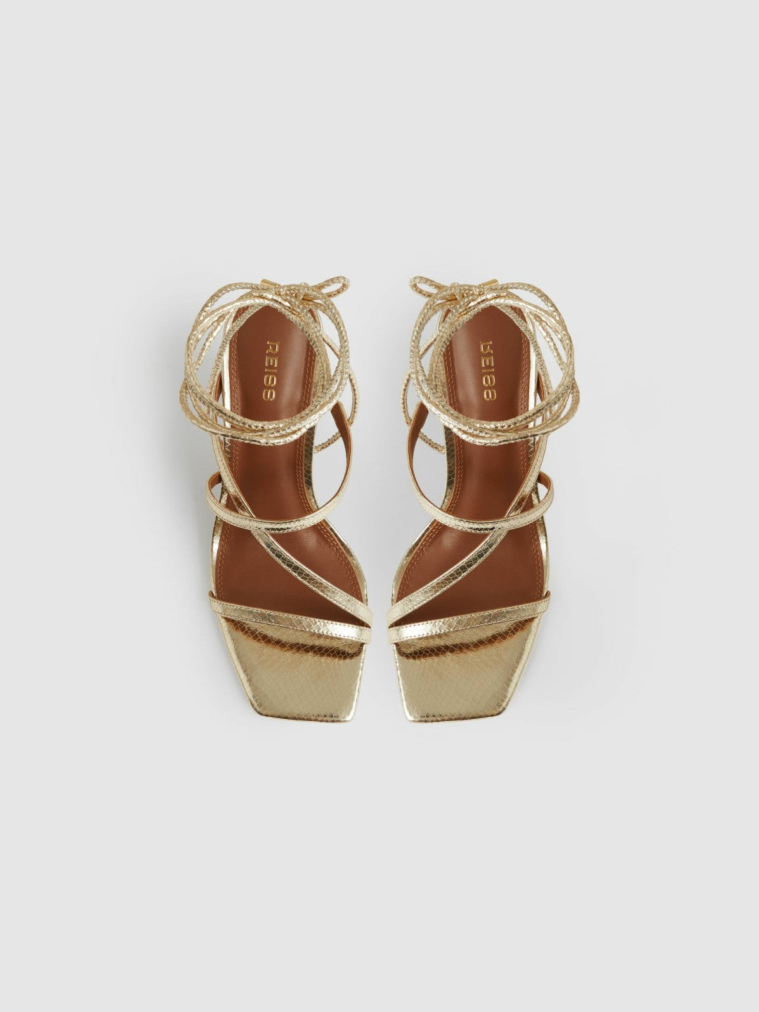 Women - Leather Metallic Strappy Heeled Sandals in Gold | Reiss