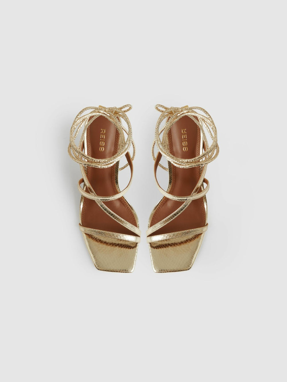 Women - Leather Metallic Strappy Heeled Sandals in Gold | Reiss