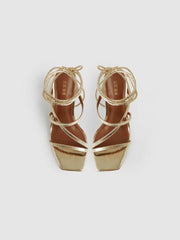 Women - Leather Metallic Strappy Heeled Sandals in Gold | Reiss
